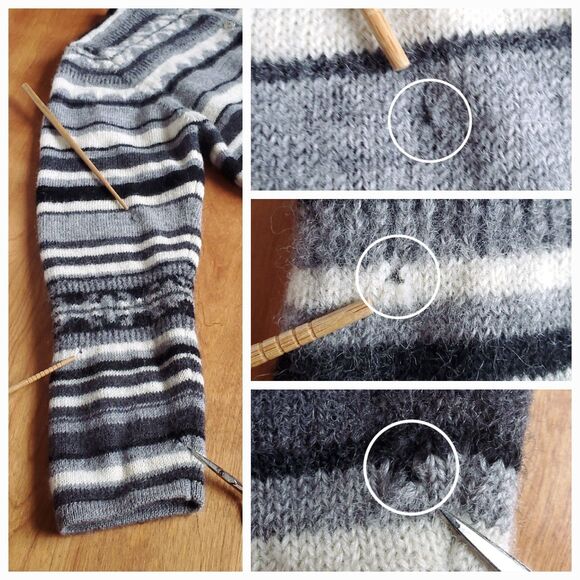 Karen Scott Cardigan Sweater Size L HOLES Gray 100% Wool Striped Button Up FLAWS - Picture 2 of 11